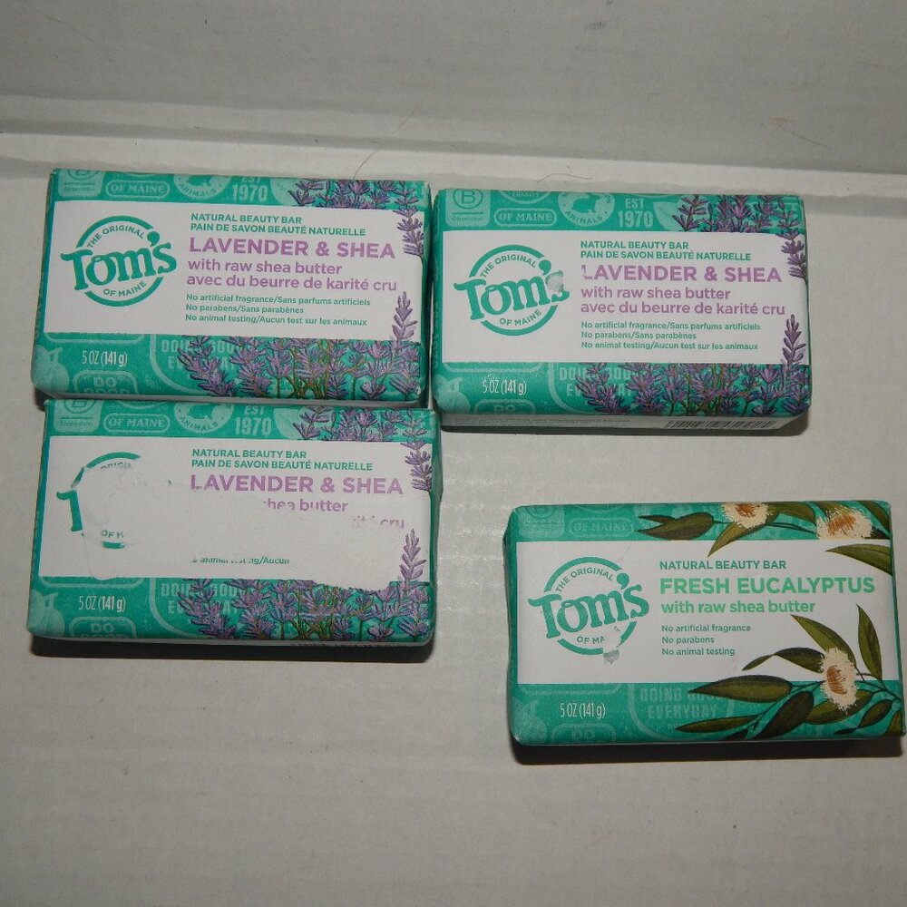4 Tom's of Maine Natural Beauty Bar Soaps 3 Lavender & Shea - 1 Fresh Eucalyptus